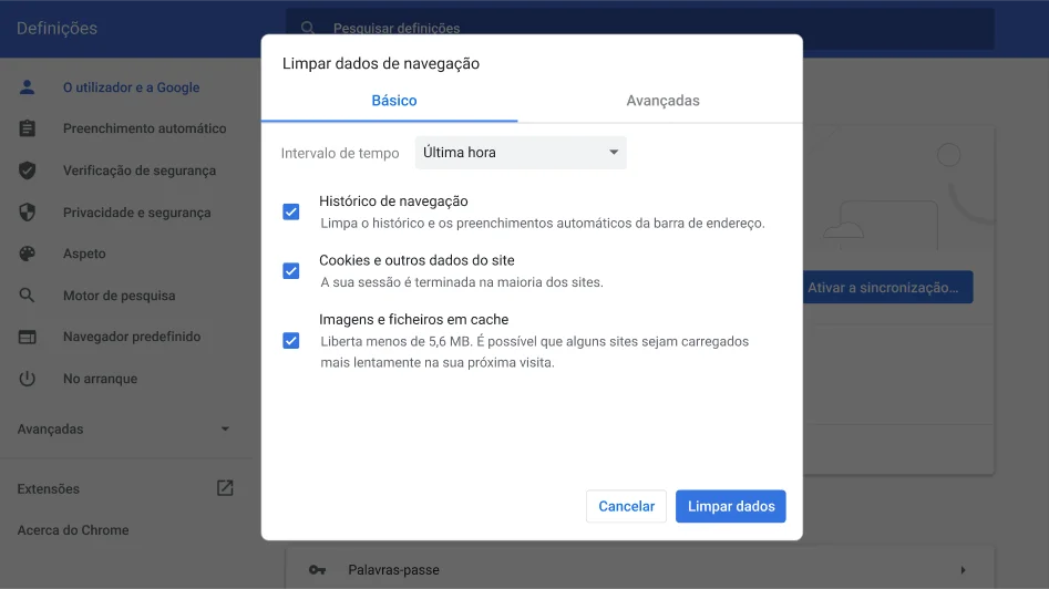 Janela das definições do navegador Chrome a mostrar o menu de opções Limpar dados de navegação.