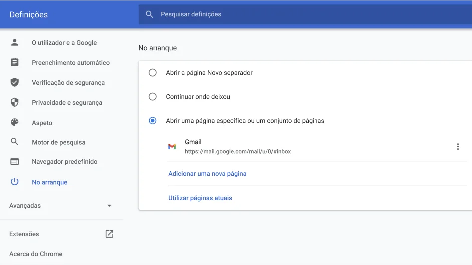 Janela das definições do navegador Chrome a mostrar o menu de opções No arranque.